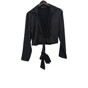 Zara Womens Black‎ Satin Cropped Tie Front Long Sleeve Collared Blouse Size L